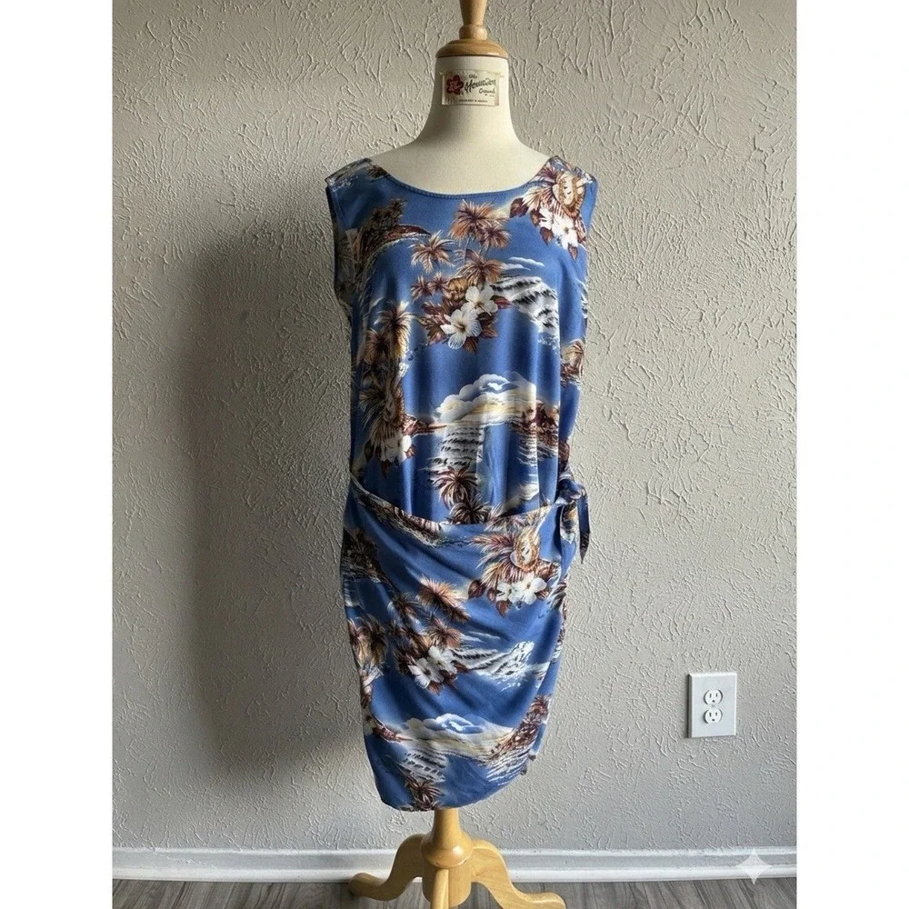 Women's Hilo Hattie Blue Tropical Rayon Sarong Wrap Dress Floral Hawaiian Size L - Picture 2 of 14
